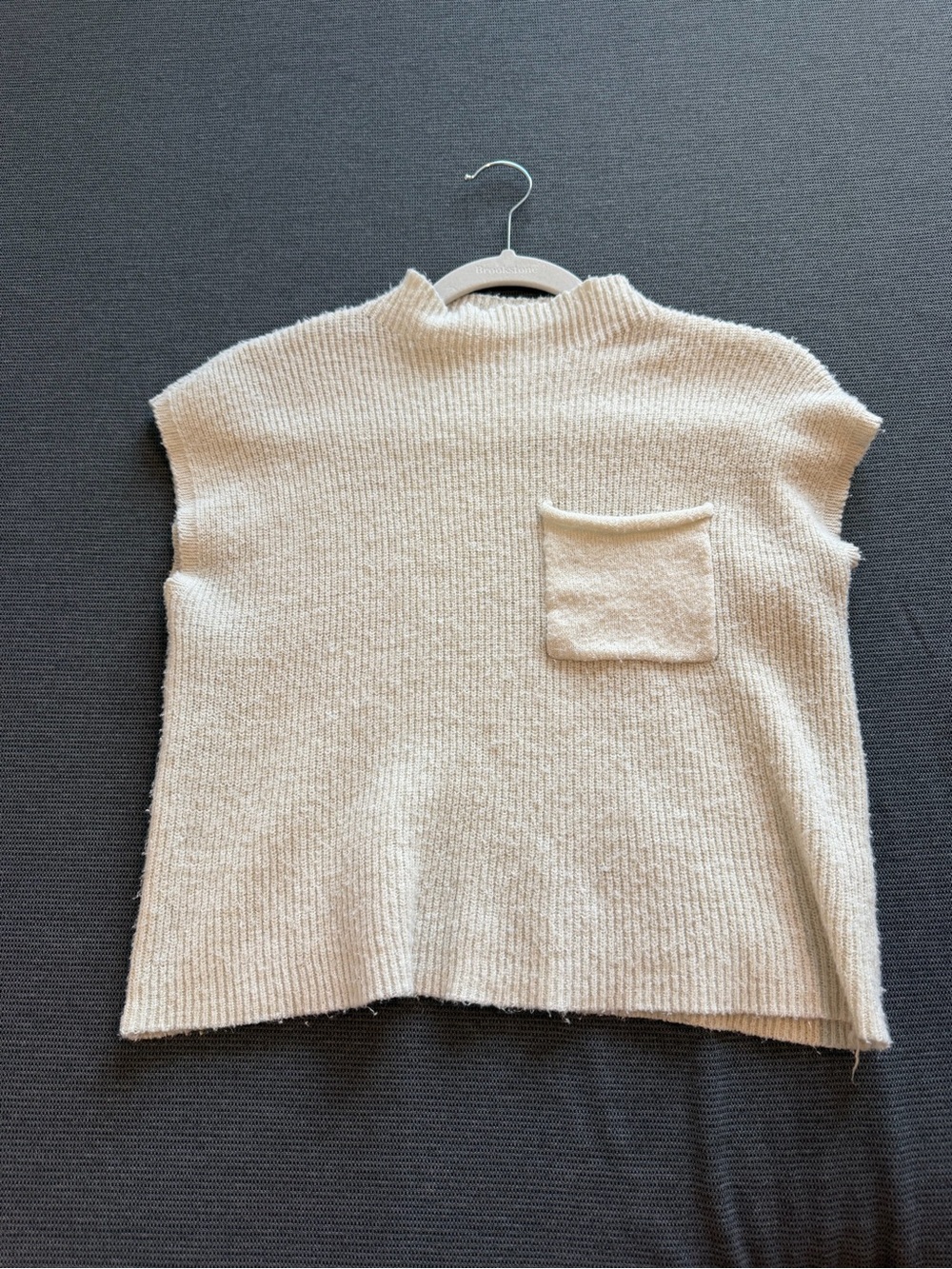 Cream Short-Sleeve Knit Sweater with Chest Pocket